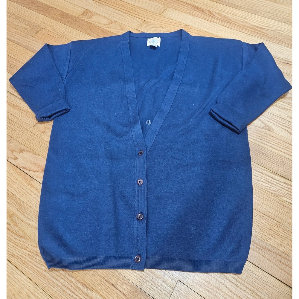 Vtg Cape Isle Knitters Navy Blue 3/4 Length Sleeves Cardigan Womens Size Large,